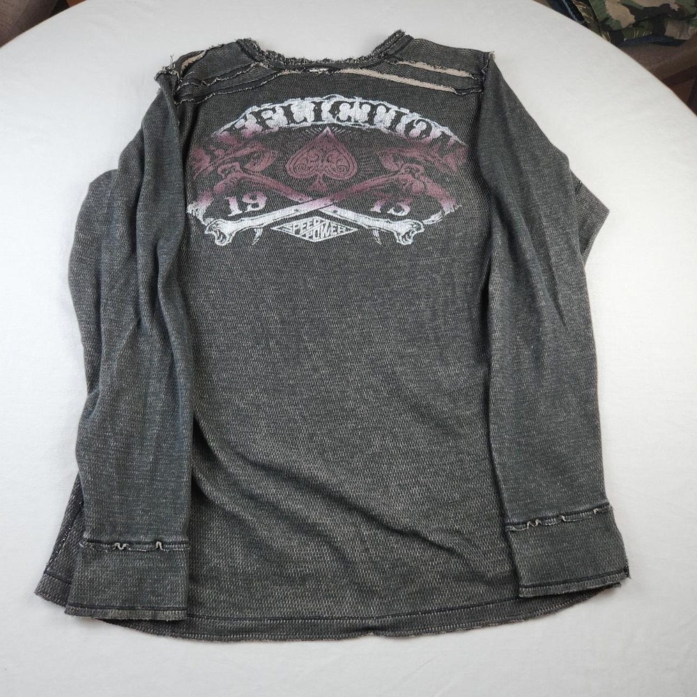 Affliction Mens Reversible Thermal Long Sleeve Shirt Grey Black Skull Graphic L